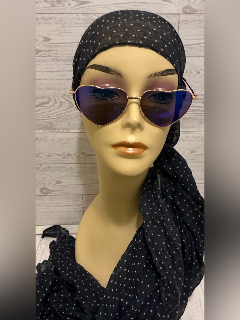 Heart-Shaped Reflective Blue Lens Sunglasses & Polka Dot Wrap/Scarf Bundle